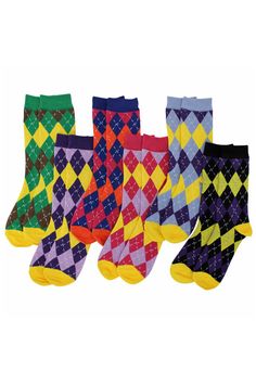 Colorful Funky Argyle Print 6 Pack Assorted Crew Socks Statement Socks, Argyle Print, Womens Socks, Argyle Socks, Stylish Socks, Womens Shoe, Sock Game, Fit Womens, 6 Packs