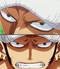 two pictures of one with white hair and the other with blue eyes looking at something