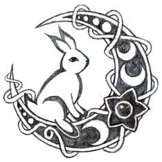 a drawing of a rabbit sitting in the middle of a crescent with an intricate design on it