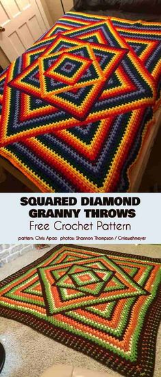 a crocheted blanket is shown with the text, squared diamond granny throw