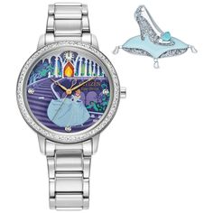 The perfect accessory to match an elegant pair of glass slippers is the Disney Princess Cinderella Box Set from Citizen, complete with a dreamy timepiece and special collectible pin. The silver-tone stainless steel case and bracelet frame the colorful dial, which displays an illustration of Cinderella losing her famed glass slipper on the palace steps as she leaves the ball. As soon as the clock strikes midnight, Cinderella rushes home, a crucial element of her story that is depicted using a clo Midnight Cinderella, Eco Drive Watches, Disney Princess Cinderella, Glass Slippers, Leather Industry, Bracelet Box, Princess Cinderella, Crystal Watches, Princess Collection