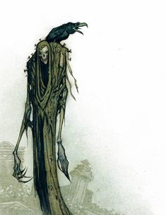 a drawing of a skeleton with a crow on it's head standing in the fog