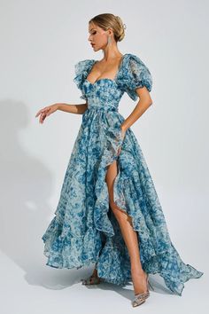 Blue Floral Wedding Guest Dress, Floral Wedding Guest Dress, Off Shoulder Prom Dress, Floral Dress Wedding Guest, Floral Wedding Guest, Town Outfits, Enchanting Dress, Dress Code Wedding, Princess Inspired