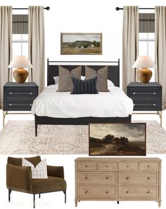 a bedroom design board with furniture and decor