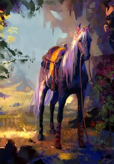 a painting of a horse with a saddle on it's back standing in the woods