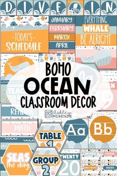 a poster with the words boho ocean classroom decor written in black and orange on it