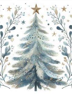 a watercolor christmas tree with gold stars and blue leaves on the top, surrounded by snowflakes