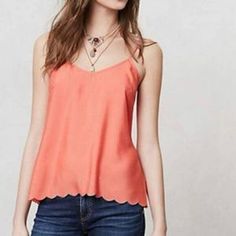 Anthropologie Harlyn Coral Scalloped Hem Camisole Sz M Nwt B-9 Color: Coral Description: Pull Over Fabric: Polyester Approximate Across Measurement: Bust 19" Length 26" Great Condition Smoke Free Pet Free Storage Feminine Tank Camisole For Spring, Feminine Cami Tank Top For Spring, Spring Sleeveless Camisole For Brunch, Feminine Cami Camisole For Summer, Feminine Tank Camisole For Day Out, Spring Camisole For Day Out, Chic Sleeveless Brunch Camisole, Chic Camisole Top For Brunch, Chic Sleeveless Camisole For Brunch