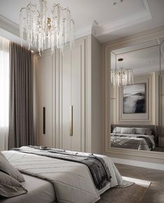 a bedroom with a chandelier hanging from the ceiling and a bed in front of a mirror