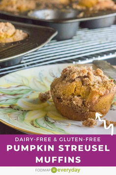 a muffin on a plate with the words dairy - free and gluen - free pumpkin streusel muffins