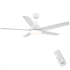 a white ceiling fan and remote control on a white background with the light turned off