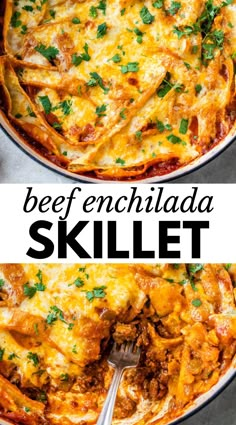 a skillet filled with beef enchilada and cheese