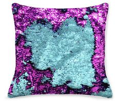 a purple and blue sequinized pillow on a white background with the words love written in