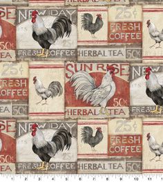 roosters and hens are depicted on an old - fashioned tea bag background in red, white, and blue