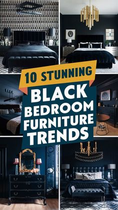 black bedroom furniture and accessories are featured in this collage with the words, 10 stunning black