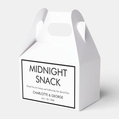 a white box with a black and white label on the side that says midnight snack