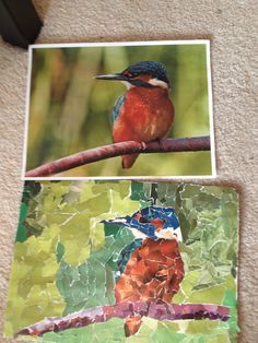 a bird sitting on top of a tree branch next to a piece of paper that has been cut out