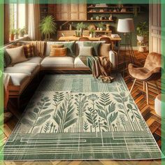 a living room filled with lots of furniture next to a green rug on top of a hard wood floor