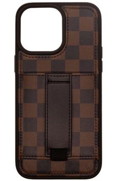 a brown and black checkered phone case with a clip on the back of it