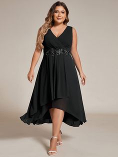 Sleeveless V-Neck High Low Plus Size Wedding Guest Dress with Floral Applique #color_Black Plus Size Wedding Guest Dress, Plus Size Wedding Guest, Neck Lines, Plus Size Gowns, Dream Wedding Ideas Dresses, Maternity Gowns, Affordable Dresses, Guest Dress, Gowns With Sleeves