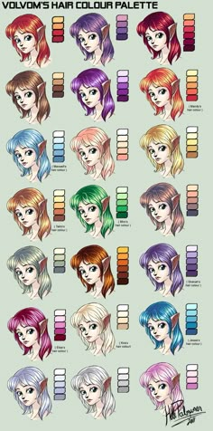 the hair color chart for girls with different colored hair colors and their names on them