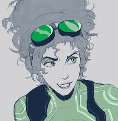 a drawing of a woman with green eyes and curly hair, wearing black glasses on her head