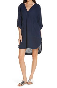 Free shipping and returns on Seafolly Essential Cover-Up at Nordstrom.com. This breezy, crinkle-textured cover-up is styled with abbreviated roll-tab sleeves and a curved shirttail hem. Hem Style, Casual Dress, Cold Shoulder Dress, Cover Up, Nordstrom, Free Shipping, Blue