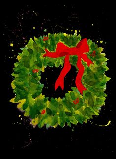 a green wreath with a red bow hanging from it's side on a black background