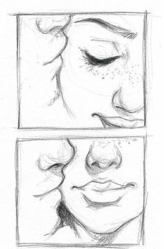 three different stages of drawing the nose and eyes, with one being drawn in pencil