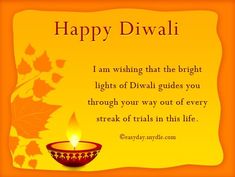 a happy diwali card with an image of a lit candle and leaves on the background