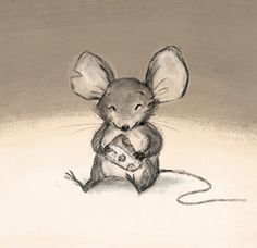 a drawing of a mouse holding a remote control in it's paws while sitting on the floor