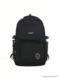 BagForLove - Black Classic Medium Zipper Backpack with Letter Patch Decoration Black Softback Backpack For School, Black Softback Backpack For Students, Back To School Black Softback Backpack, Black Backpack For Students - Back To School, Black Backpack For Students, Back To School, Casual Black Backpack With Large Capacity, Black Student Backpack For Back To School, Casual Large Capacity Black Backpack, Casual Black Large Capacity Backpack