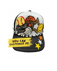 We can make you the perfect custom Sports Mom hat. You can choose your sport, colors, child's name, jersey number or initials. We add in some cute accent patches and you'll be the coolest mom at the game!  Each hat comes with a beaded brim bracelet for that extra team spirit :) Message us BEFORE ordering to be sure we have the patches you want. We offer lots of other styles. Feel free to browse our HAT SECTION and see what we have. You may just find your favorite hat. NO refunds or exchanges on custom orders. Customizable Black Sports Hat, Customizable Black Snapback Hat For Sports Events, Customizable Black Trucker Hat For Sports, Customizable Black Snapback Hat For Sports, Customizable Black Hats For Baseball Season, Playful Snapback Baseball Cap For Sports, Customizable Black Trucker Hat For Sports Events, Sports Fan Snapback Hat, Sports Fan Snapback Hat For Sports Events