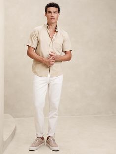 Summer Cotton Shirt | Banana Republic Factory Neutral Cotton Button-up Tops, Neutral Cotton Summer Shirt, Neutral Summer Shirt For Everyday, Neutral Everyday Summer Shirt, Neutral Cotton Shirt With Relaxed Fit, Neutral Short Sleeve Cotton Shirt, Classic Neutral Cotton Shirt, White And Khaki Outfit, Dressy Casual Attire