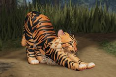 an animated tiger sitting on top of a dirt road