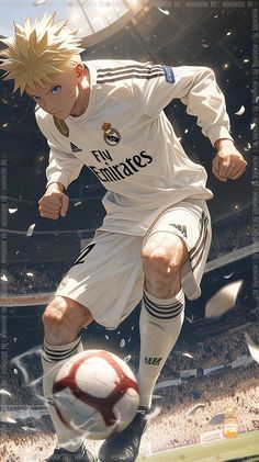 a man kicking a soccer ball on top of a field