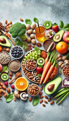 an assortment of fruits, vegetables and nuts arranged in the shape of a circle on a gray background