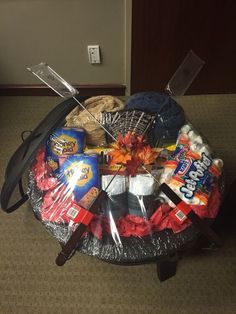 a basket filled with items sitting on top of a table