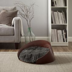 a living room with a couch, chair and bookcase