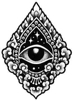 an all seeing eye in the middle of a diamond shaped frame with stars and circles around it