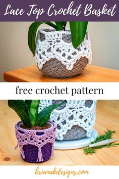 two crocheted pot holders with plants in them