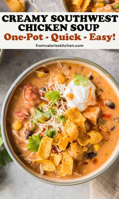 two bowls filled with chicken soup and topped with sour cream, tortilla chips