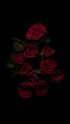 a bunch of red roses sitting on top of a black surface with green leaves in the middle