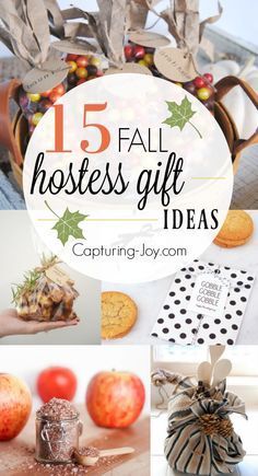 a collage of photos with the words, 15 fall hostess gift ideas and pictures