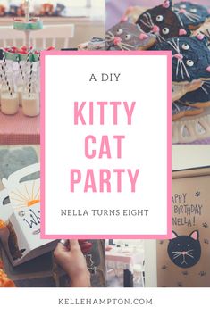 a collage of photos with the words kitty cat party written in pink and white