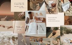 a collage of images with words and pictures on them, including an open book