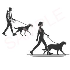 a man and woman walking their dogs on a leash