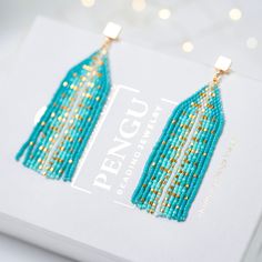 Beaded Turquoise Bead Fringe Earrings Pattern - Brick Stitch & Fringe Earrings Beading, Miyuki Delica 11/0, "Linda", PB-10301 Approx. dimensions for these earrings Width: 0.93in ( 2.362cm) Height: 2.76in ( 7.02cm) Colors: 4 The PDF pattern intend for users with experience in beading brick stitch, fringe and the pattern itself. It does not include instructions how to do this stitch.  PDF file includes: - A bead legend (Names and numbers of color of beads needed. You can match other beads you want Turquoise Beaded Drop Earrings With Spacer Beads, Turquoise Drop Beaded Earrings, Bead Fringe Earrings Pattern, Bead Weaving Patterns Free, Fringe Earrings Pattern, Brick Stitch Pattern Earring, Bead Fringe Earrings, Earrings Pattern, Bead Fringe