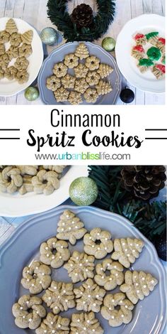 cinnamon spritz cookies on a plate with christmas decorations