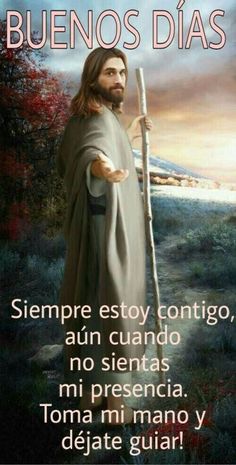 jesus holding a stick with the words in spanish